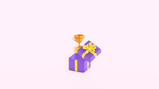 礼品盒动画中的金色奖杯杯。3d渲染。视频素材模板下载