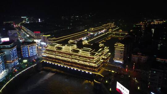 航拍通道侗乡廊桥风雨桥夜景