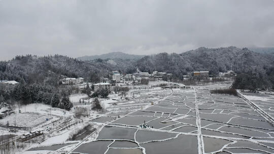 航拍重庆冷水镇小鱼塘雪景4k