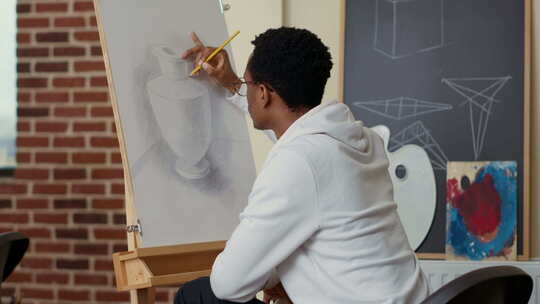 非裔美国学生用铅笔在画布上画花瓶