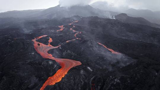 航拍火山活动 岩浆流动