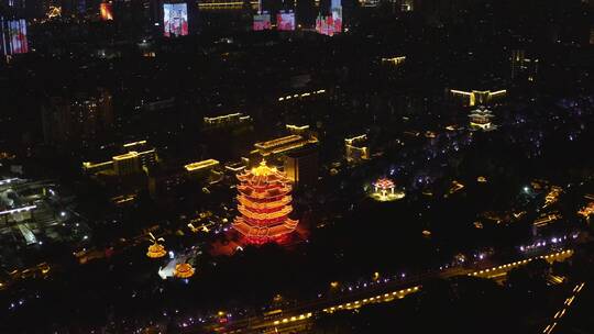 4k无人机航拍武汉城市地标黄鹤楼夜景
