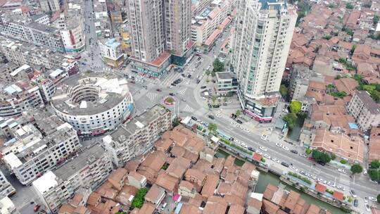 航拍福建莆田市高楼 车流