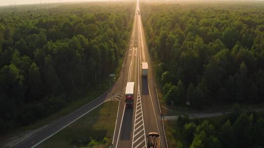 运输卡车行驶在森林自然公路