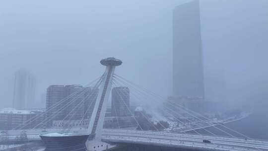 天津赤峰桥下雪航拍