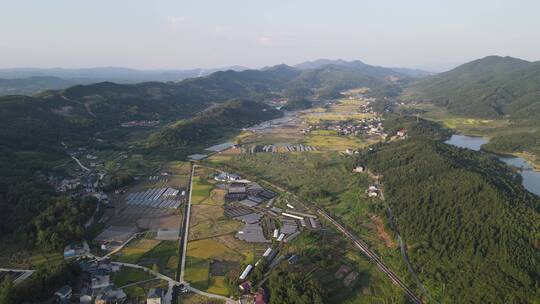 航拍美丽乡村田园金黄稻田