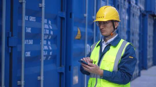 中年男人工程师在商业港口集装箱码头用手机