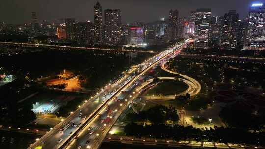 广州大桥夜景航拍车流交通广州大道夜晚车水