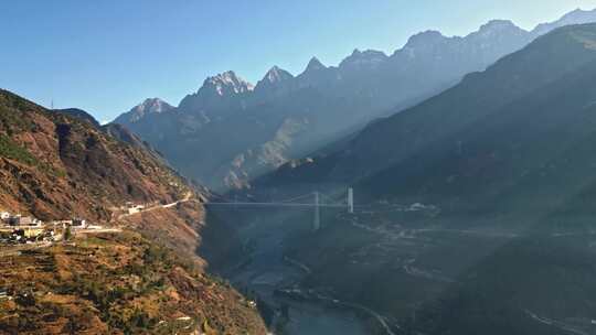 高山峡谷间的金沙江大桥壮观景象