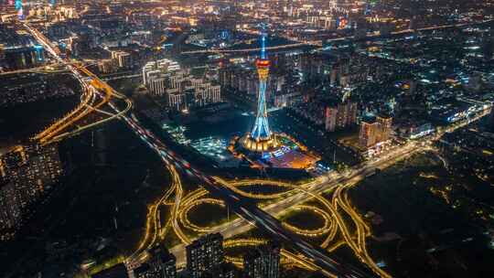 中国河南郑州中原福塔夜景延时航拍