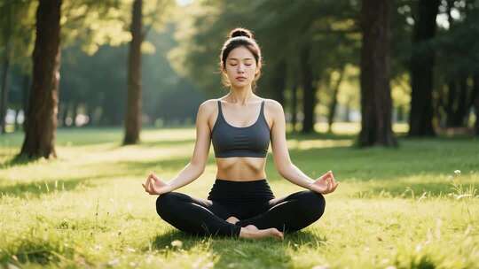 女子在公园草地做瑜伽冥想
