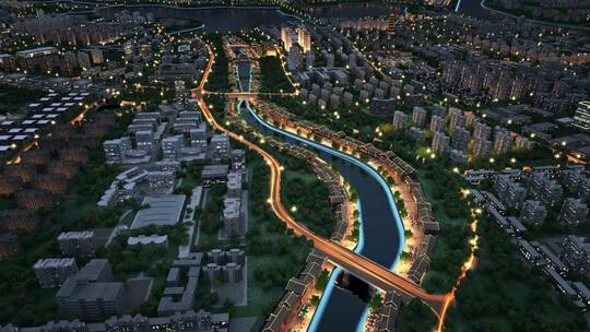 俯拍城市夜景交通区位三维