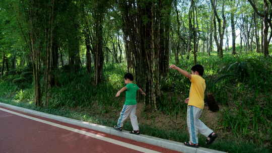 两个小孩在公园跑散步 林荫小路