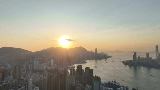 香港大景航拍维多利亚港太平山日落海湾风光