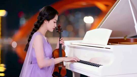 女子同时演奏小提琴与钢琴
