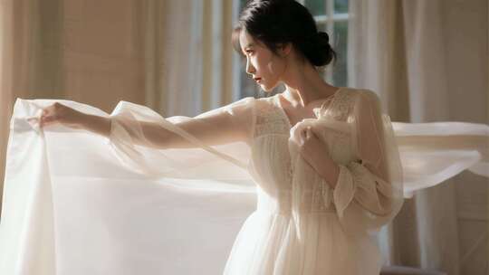 女子室内轻扬白色纱裙素材