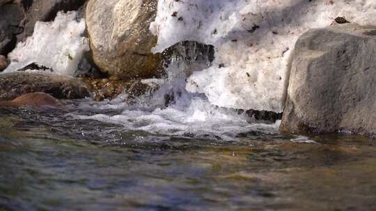 溪边覆雪岩石流水景象