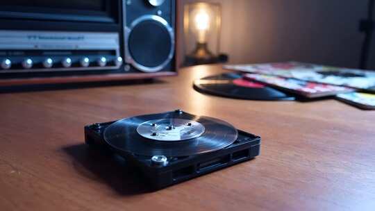 黑胶唱片与复古收音机特写