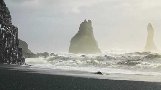 黑沙，海滩，海，冰岛