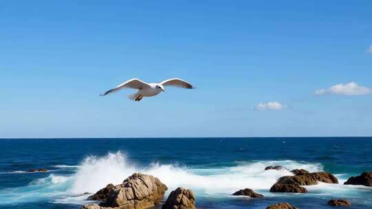 海面上飞翔的海鸥与浪花
