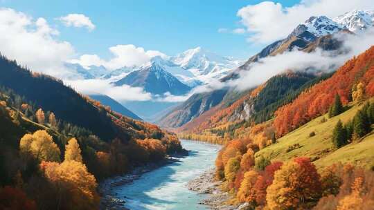 秋日山谷河流雪山自然风光