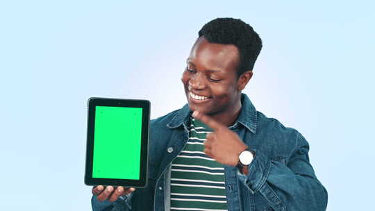 黑人，平板电脑绿屏和成功的好手，学生广告