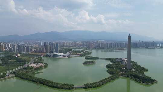 带高塔的水边城市景观九江胜利碑九江博物馆