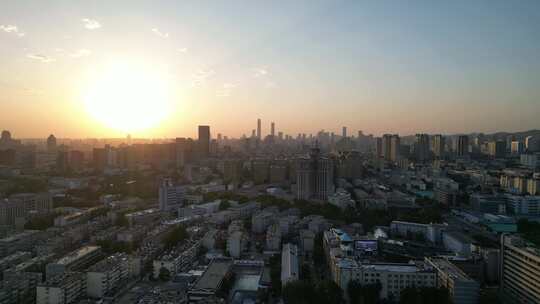 航拍山东济南城市日出济南大景