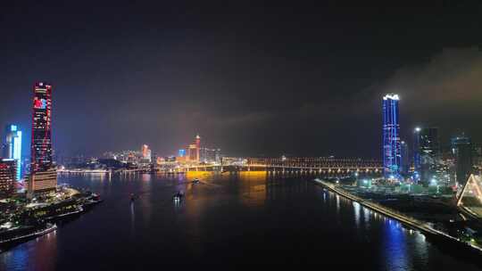 珠海澳门夜景航拍横琴新区城市夜晚建筑风光