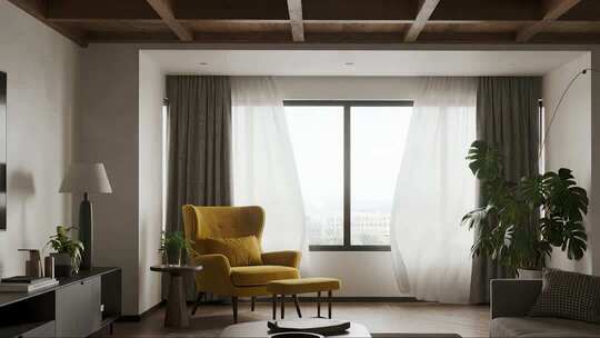 现代简约客厅窗帘飘动温馨家居场景