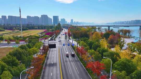 杭州滨江区闻涛路秋石高架路航拍车流交通公