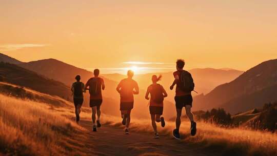 山间人群晨跑背影
