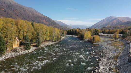 新疆阿勒泰禾木乡秋天河流自然风光视频素材模板下载
