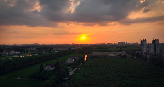 城市郊野夕阳日落航拍