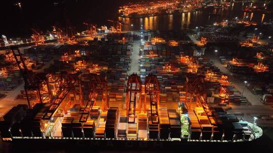 货运集装箱港口夜景航拍