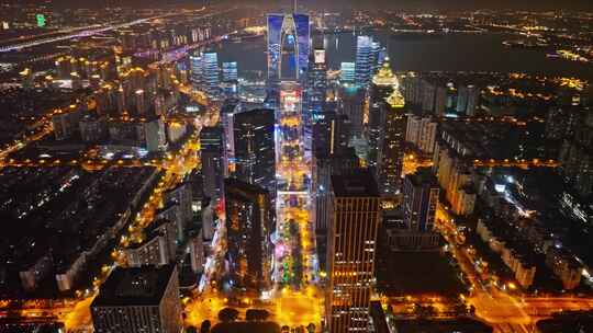 中国江苏省苏州城市风光夜景航拍