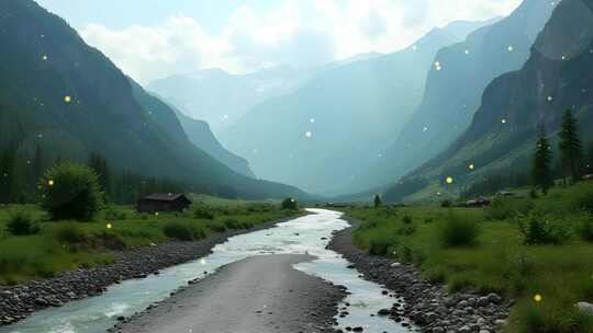 4k荒芜郊外道路山峦风光舞台背景粒子