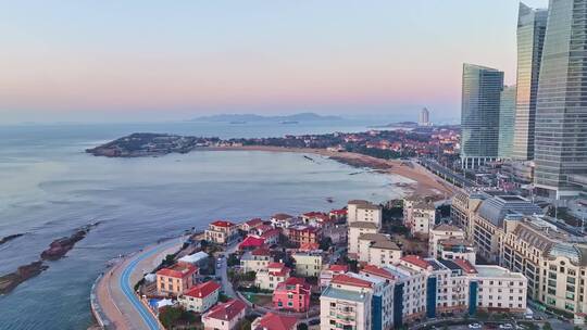 山东青岛滨海城市风景日出黄昏航拍全景