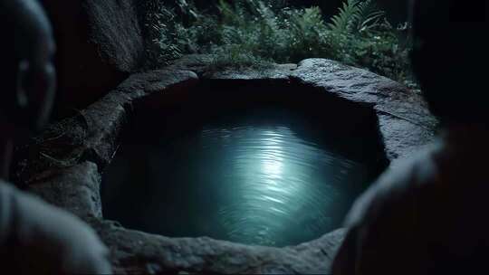 幽静夜晚石砌水池光影摇曳