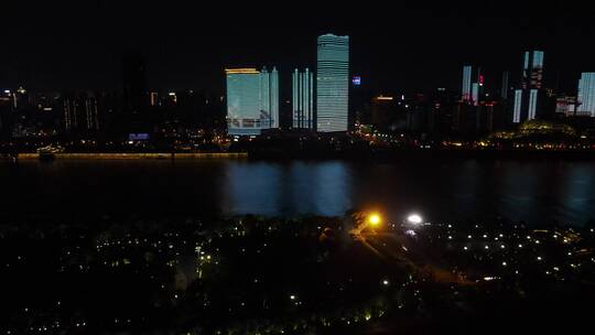 湖南长沙湘江橘子洲夜景灯光航拍