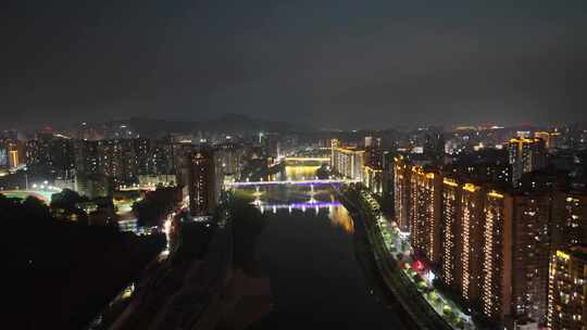 四川达州州河两岸夜景灯光航拍