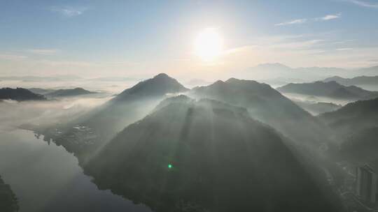 安徽黄山市太阳山朝霞晨雾航拍