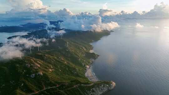 广东上川岛海岛风车山日出风力发电清洁能源