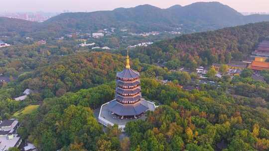 唯美杭州西湖雷峰塔景区大自然风光群山航拍