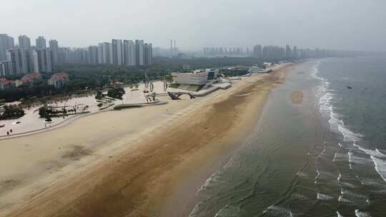 航拍山东烟台沿海城市海岸线城市风光