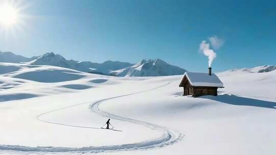 雪地中滑雪者与木屋雪景