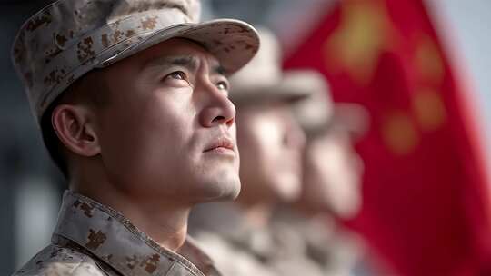 中国军人坚毅目光仰望致敬