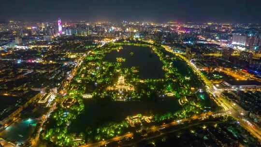 山东济南大明湖夜景灯光航拍移动延时