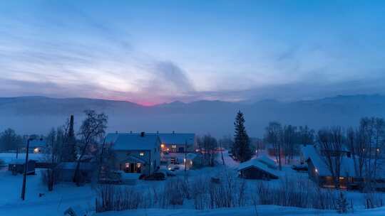 挪威塞尼亚岛北极圈峡湾小镇冬季雪景延时