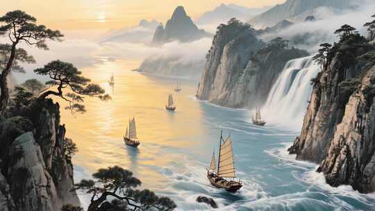 中式山水风景含帆船瀑布